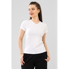 Baykar Kadın Pamuklu V Yaka Kısa Kol Düz Basic Tişört 6664 Beyaz