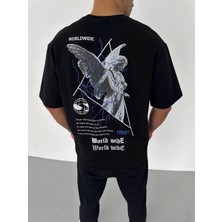 Smg Butik Unisex Bisiklet Yaka Baskılı Oversize T-Shirt - Siyah