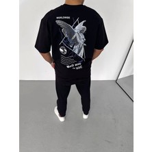 Smg Butik Unisex Bisiklet Yaka Baskılı Oversize T-Shirt - Siyah