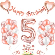 Parti Furyası Rose Gold 5 yaş Rakam Kalp Folyo Balon Konfetili Balon Seti Banner