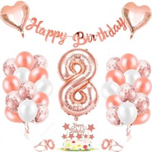 Parti Furyası Rose Gold 8 Yaş Rakam Kalp Folyo Balon Konfetili Balon Seti Banner