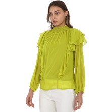 Lodmela Omuz Fırfırlı Yaka Gipeli Şifon Bluz 6001-OLIVE