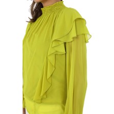 Lodmela Omuz Fırfırlı Yaka Gipeli Şifon Bluz 6001-OLIVE
