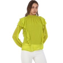 Lodmela Omuz Fırfırlı Yaka Gipeli Şifon Bluz 6001-OLIVE