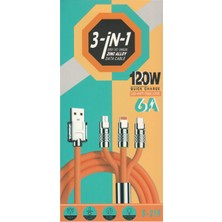 Zinc Alloy Süper Hızlı 120W 6A Sıvı Silikon Metal Uçlu LED Işıklı Type-C iPhone 3 In1 Şarj Kablosu 1.2m