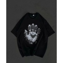 Smg Butik Unisex Bisiklet Yaka Baskılı Oversize T-Shirt - Siyah