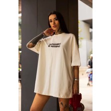 Smg Butik Unisex Bisiklet Yaka Baskılı Oversize T-Shirt - Beyaz