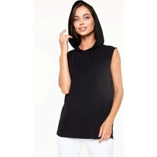 Smg Butik Unisex Kapşonlu Kolsuz Düz Oversize T-Shirt - Siyah