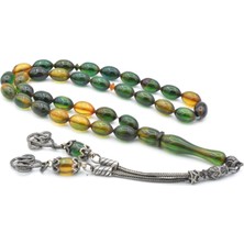 Murty99 Gümüş Püsküllü Arpa Kesim Mavi Sıkma Kehribar Tesbih