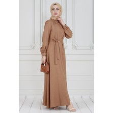 Sevitli Inci Çakım Önü Düğmeli Keten Elbise-Camel