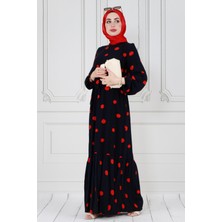 Sevitli Puantiyeli Kuşaklı Tesettür Elbise-Kırmızı