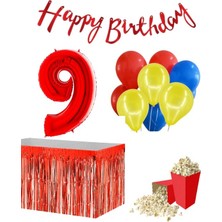 Parti Furyası 9 Yaş  Kırmızı   Balon Rakam Folyo Banner Mısır Kutusu Masa Eteği Doğum Günü Parti Seti