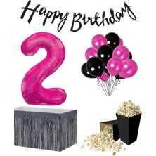 Parti Furyası 2 Yaş Pembe   Balon Rakam Folyo Banner Mısır Kutusu Masa Eteği Doğum Günü Parti Seti