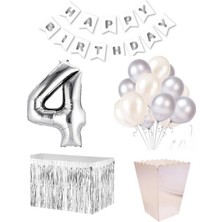 Parti Furyası 4 Yaş  Beyaz Gümüş  Balon Rakam Folyo Banner Mısır Kutusu Masa Eteği Doğum Günü Parti Seti