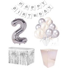 Parti Furyası 2 Yaş  Beyaz Gümüş  Balon Rakam Folyo Banner Mısır Kutusu Masa Eteği Doğum Günü Parti Seti