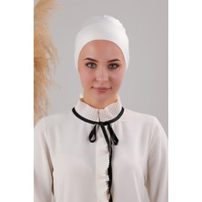 Melodi Scarf Tesettür Geçmeli Bağcıklı Viskon Likralı Bone Ekru