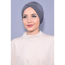 Melodi Scarf Kadın Tesettür Incili Taşlı Havuz Dış Bone Koyu Gri