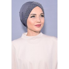 Melodi Scarf Kadın Tesettür Incili Taşlı Havuz Dış Bone Koyu Gri