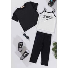For You Kids 3'lü Los Angeles Baskılı Tshirt Atlet Tayt Siyah Takım
