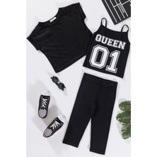 For You Kids 3'lü Queen Baskılı Siyah Tshirt Atlet Tayt Siyah Takım