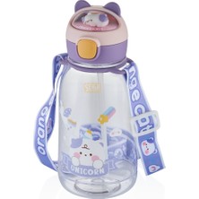 Vagonlife 760ML Sevimli Kedi Figürlü Silikon Pipetli Özel Askılı Polikarbon Çocuk Su Matarası