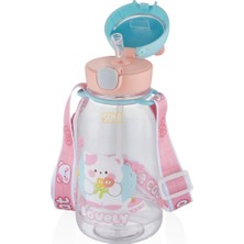 Vagonlife 760ML Sevimli Kedi Figürlü Silikon Pipetli Özel Askılı Polikarbon Çocuk Su Matarası