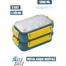 Vagonlife Lunch Box 1200 ml Iki Kat Üç Bölme Paslanmaz Çelik-Metal KAŞIKLI-FFLBOX2215