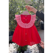 Bertuğ Bebek Çizgili Fırfırlı Kız Çocuk Bebek Kırmızı Kolsuz Pamuk Elbise
