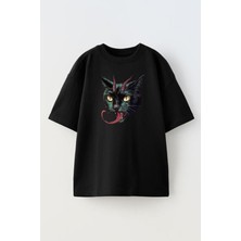 Nmg Tekstil Unisex Siyah Oversize Pamuk Şeytan Kedi Baskılı Örme T-Shirt