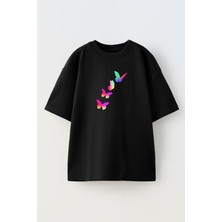 Nmg Tekstil Unisex Siyah Oversize Pamuk Renkli 4 Kelebek Baskılı Örme T-Shirt
