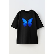 Nmg Tekstil Unisex Siyah Oversize Pamuk Mavi Kelebek Baskılı Örme T-Shirt