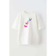 Nmg Tekstil Unisex Beyaz Oversize Pamuk Renkli 4 Kelebek Baskılı Örme T-Shirt