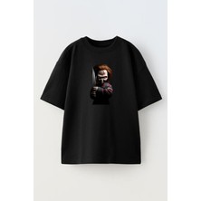 Nmg Tekstil Unisex Siyah Oversize Pamuk Bıçaklı Chucky Baskılı Örme T-Shirt