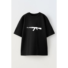 Nmg Tekstil Unisex Siyah Oversize Pamuk AK47 Baskılı Örme T-Shirt