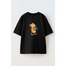 Nmg Tekstil Unisex Siyah Oversize Pamuk Kahveci Kedi Baskılı Örme T-Shirt