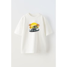 Nmg Tekstil Unisex Beyaz Oversize Pamuk Gün Batımı Vosvos Baskılı Örme T-Shirt