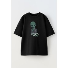 Nmg Tekstil Unisex Siyah Oversize Pamuk I Believe You Baskılı Örme T-Shirt