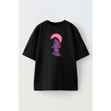 Nmg Tekstil Unisex Siyah Oversize Pamuk Dark Anime Ay Baskılı Örme T-Shirt