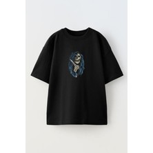 Nmg Tekstil Unisex Siyah Oversize Pamuk Mavi Saçlı Kurukafa Baskılı Örme T-Shirt