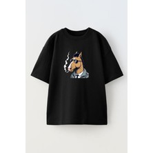 Nmg Tekstil Unisex Siyah Oversize Pamuk Cigaratte At Baskılı Örme T-Shirt