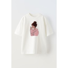 Nmg Tekstil Unisex Beyaz Oversize Pamuk Pembe Kazaklı Kadın Baskılı Örme T-Shirt