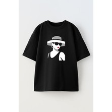 Nmg Tekstil Unisex Siyah Oversize Pamuk Kırmızı Dudak Kadın Silüet Baskılı Örme T-Shirt