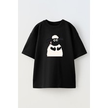 Nmg Tekstil Unisex Siyah Oversize Pamuk Kuzu Çizgi Karakter Baskılı Örme T-Shirt