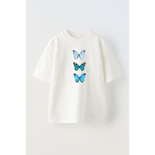 Nmg Tekstil Unisex Beyaz Oversize Pamuk 3lü Mavi Kelebek Baskılı Örme T-Shirt