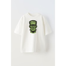 Nmg Tekstil Unisex Beyaz Oversize Pamuk Frankestein Baskılı Örme T-Shirt