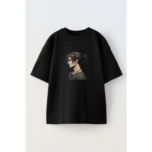 Nmg Tekstil Unisex Siyah Oversize Pamuk Saçları Bağlı Erkek Anime Baskılı Örme T-Shirt