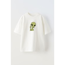 Nmg Tekstil Unisex Beyaz Oversize Pamuk Yeşil Yaratık Işaret Baskılı Örme T-Shirt