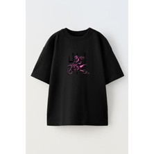 Nmg Tekstil Unisex Siyah Oversize Pamuk Hello Pembe Motorcu Kız Baskılı Örme T-Shirt