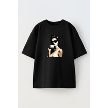 Nmg Tekstil Unisex Siyah Oversize Pamuk Kahve Gözlüklü Kadın Baskılı Örme T-Shirt