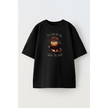 Nmg Tekstil Unisex Siyah Oversize Pamuk Ill Clawon You Kedi Baskılı Örme T-Shirt